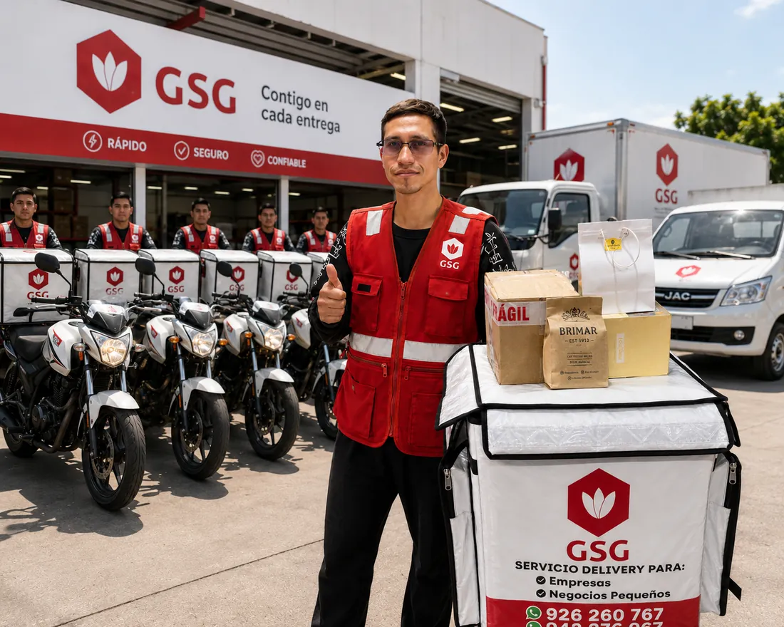 Motorizado GSG con pedidos sobre su mochila de reparto, junto a la flota de motos y camiones en la sede